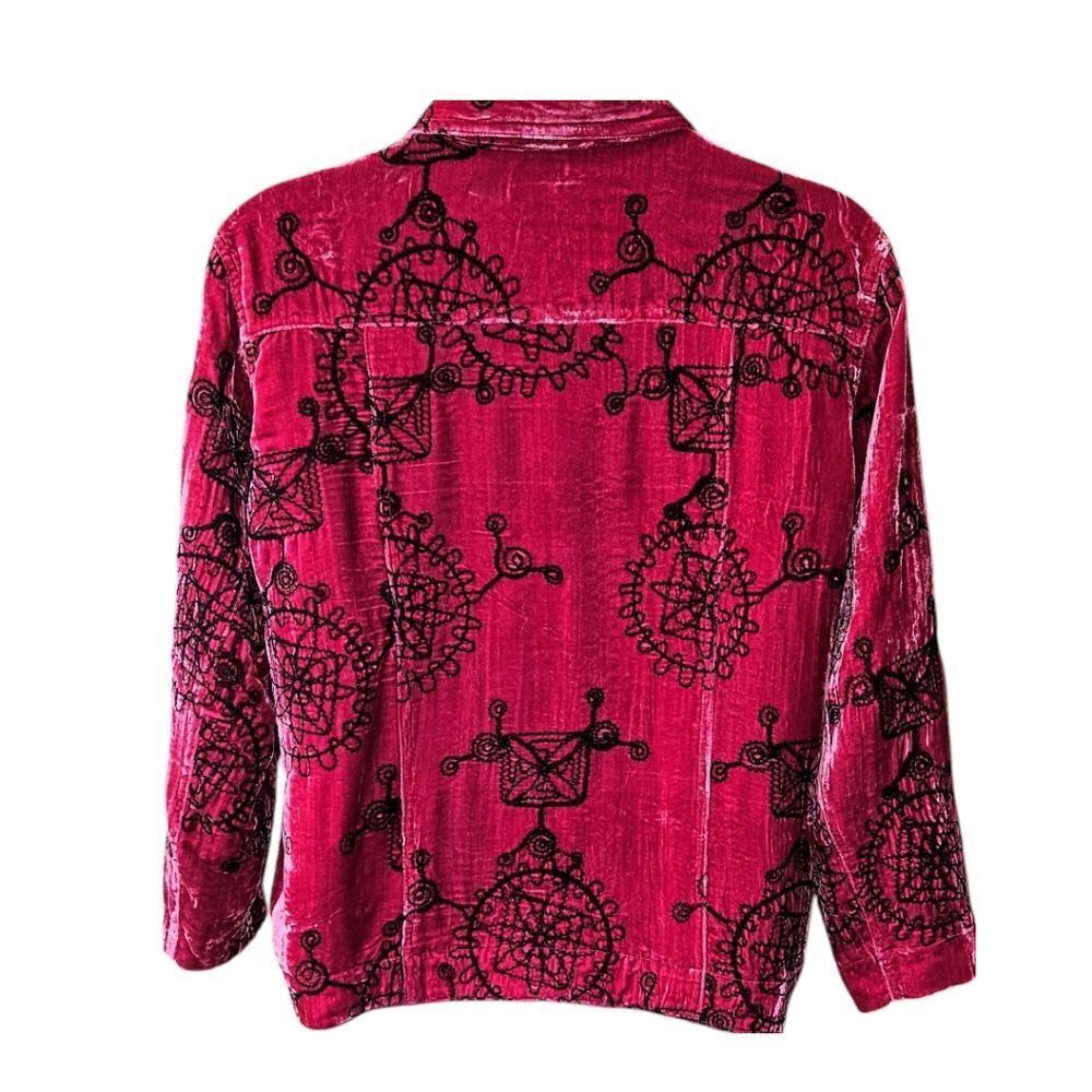  CHICO'S FUSHIA & BLACK NEW embroidered designs  longSleeve velvet silk Jacket - Picture 11 of 17